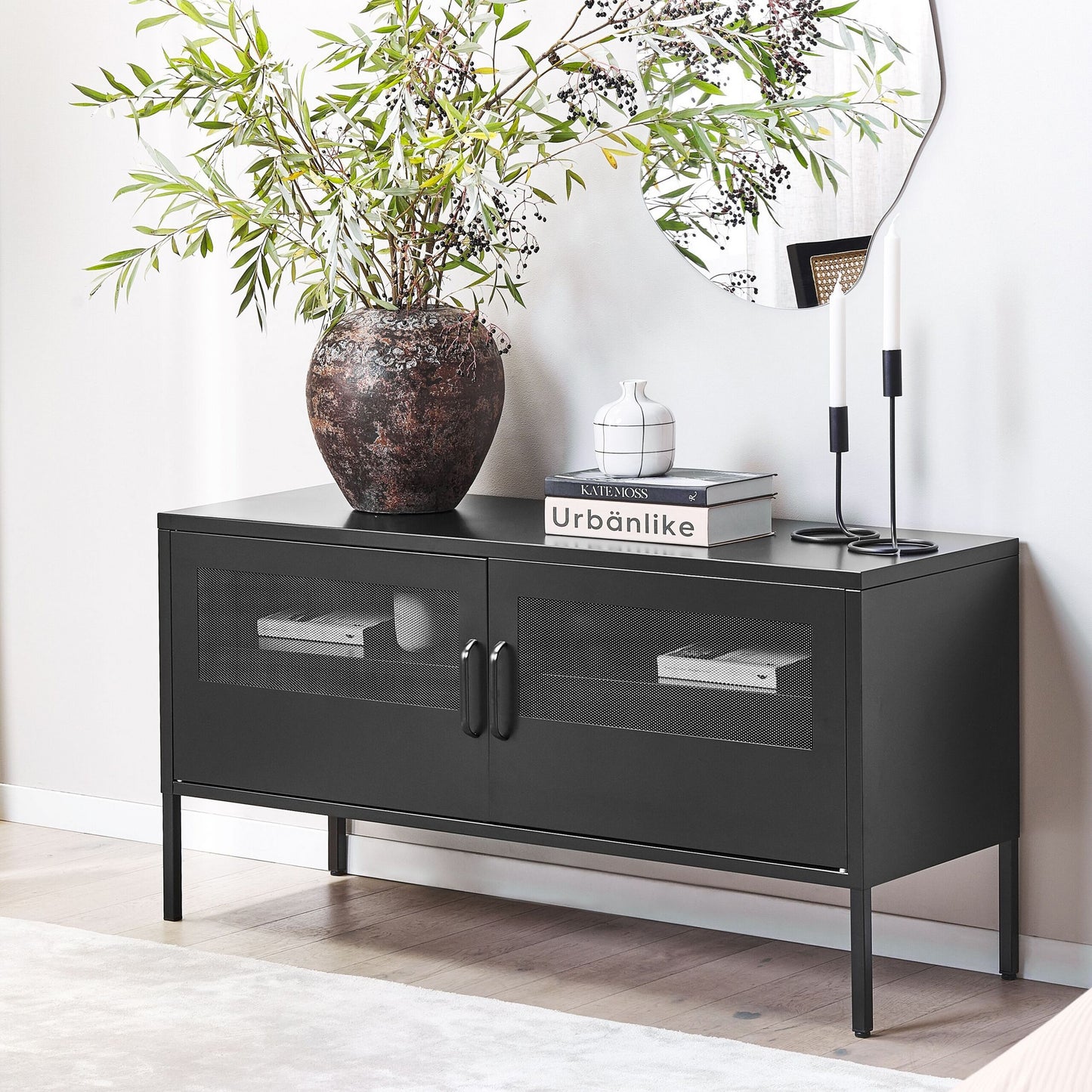 Black Steel Mesh Door Sideboard 2 Door TV Stand