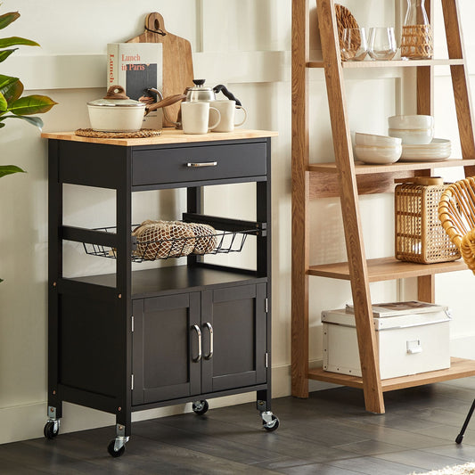 Kitchen Trolley Black Rubberwood Metal 58 x 40 x 90cm