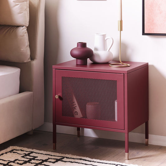Bedside Table Dark Red Steel Mesh Door Nightstand