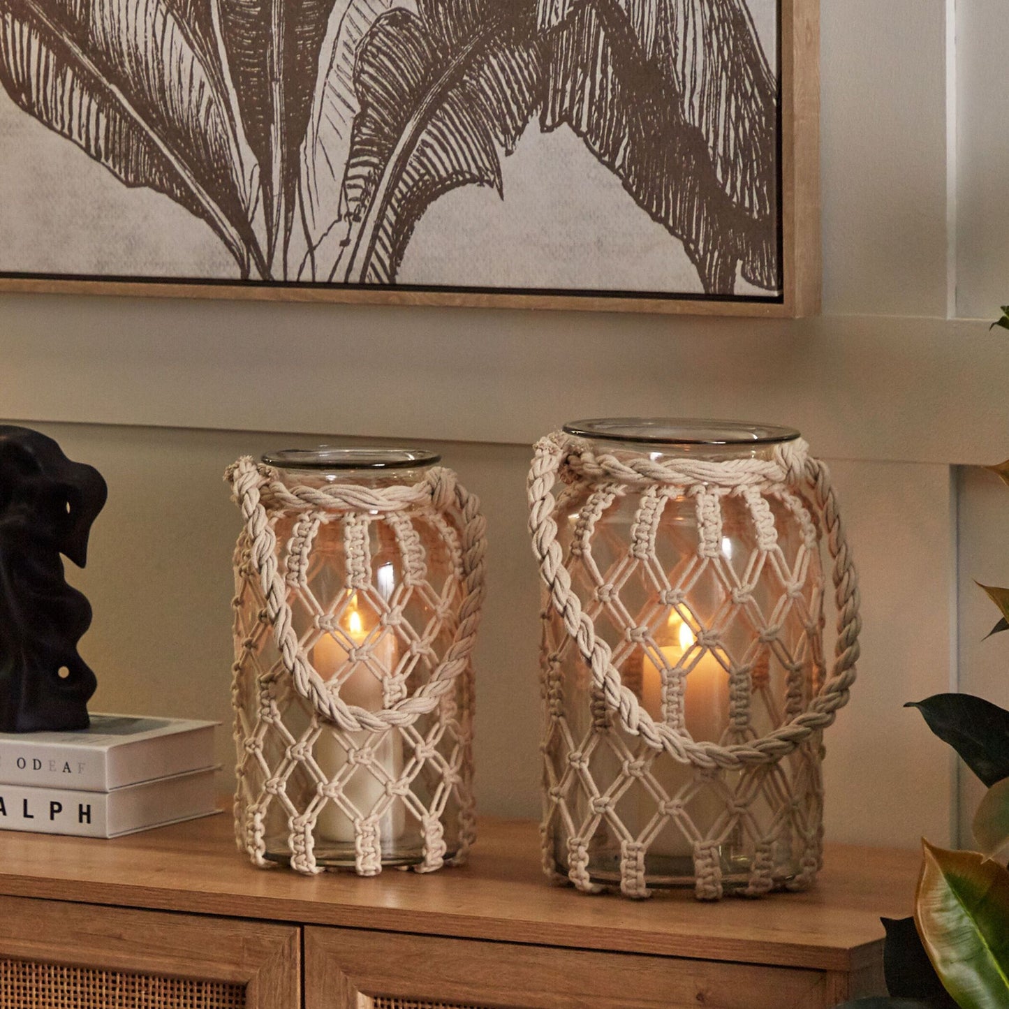 Lantern Off White Glass 28 x 16cm Macrame Rope Candle Holder