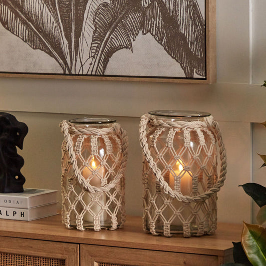 Lantern Off White Glass 28 x 16cm Macrame Rope Candle Holder