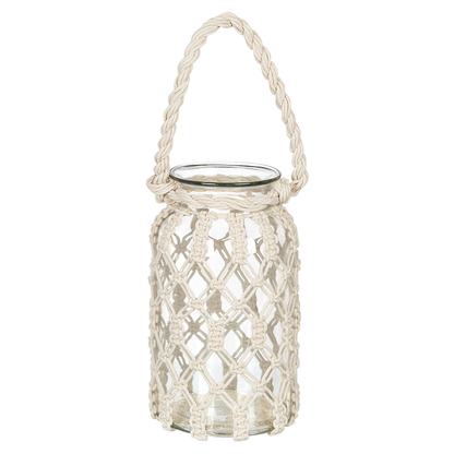 Lantern Off White Glass 28 x 16cm Macrame Rope Candle Holder