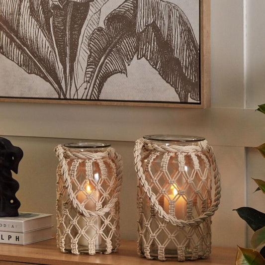 Lantern Co Off-White Glass 31 x 20cm Macrame Rope Handle Jar Candle