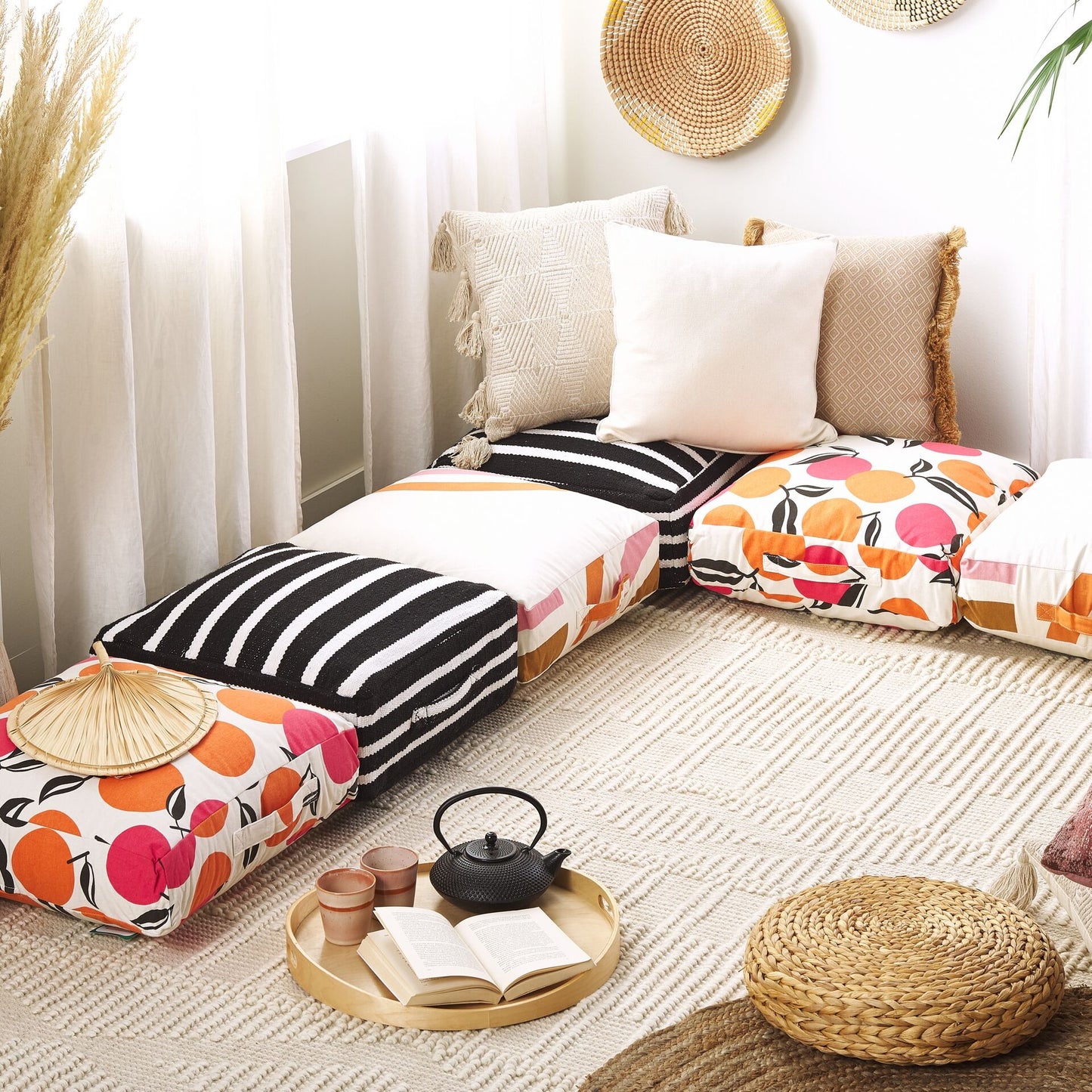Boho Cotton Floor Cushion 50 x 50 x 20cm Black White Striped Pouffe For Living Room Cozy Accent