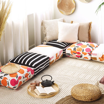 Boho Cotton Floor Cushion 50 x 50 x 20cm Black White Striped Pouffe For Living Room Cozy Accent