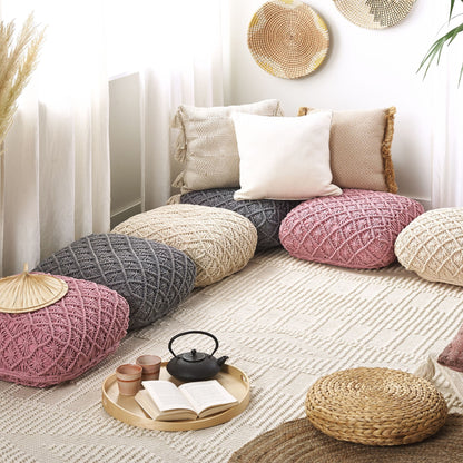 Floor Cushion Macrame Pattern Textured Beige Cotton 50 x 50 x 20cm Square Pouffe