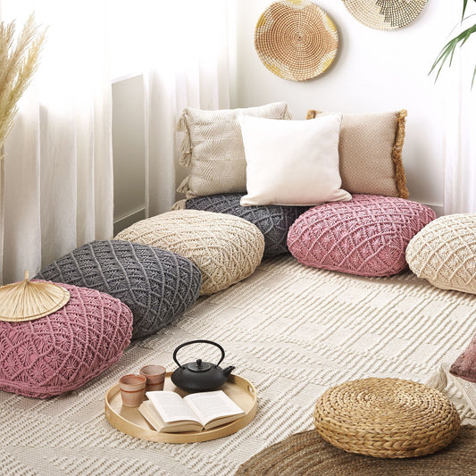 Floor Cushion Macrame Pattern Textured Beige Cotton 50 x 50 x 20cm Square Pouffe