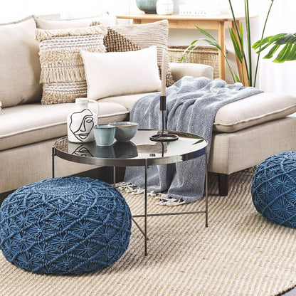 Navy Blue Cotton Pouffe 50cm Round Ottoman With Macrame Design And EPS Filling