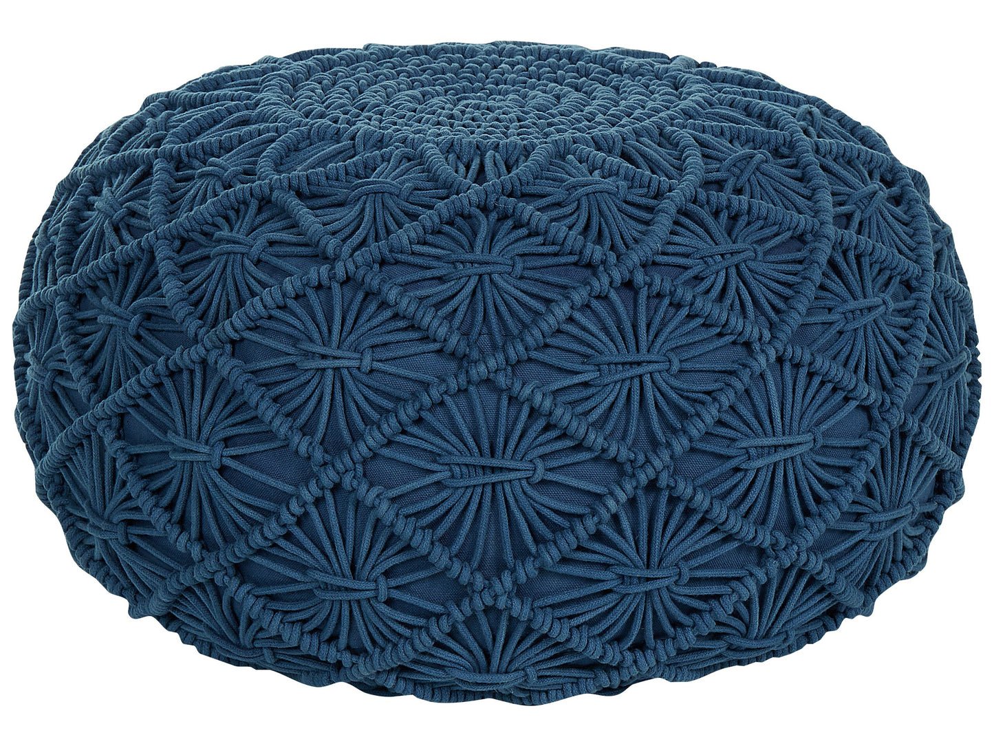 Navy Blue Cotton Pouffe 50cm Round Ottoman With Macrame Design And EPS Filling