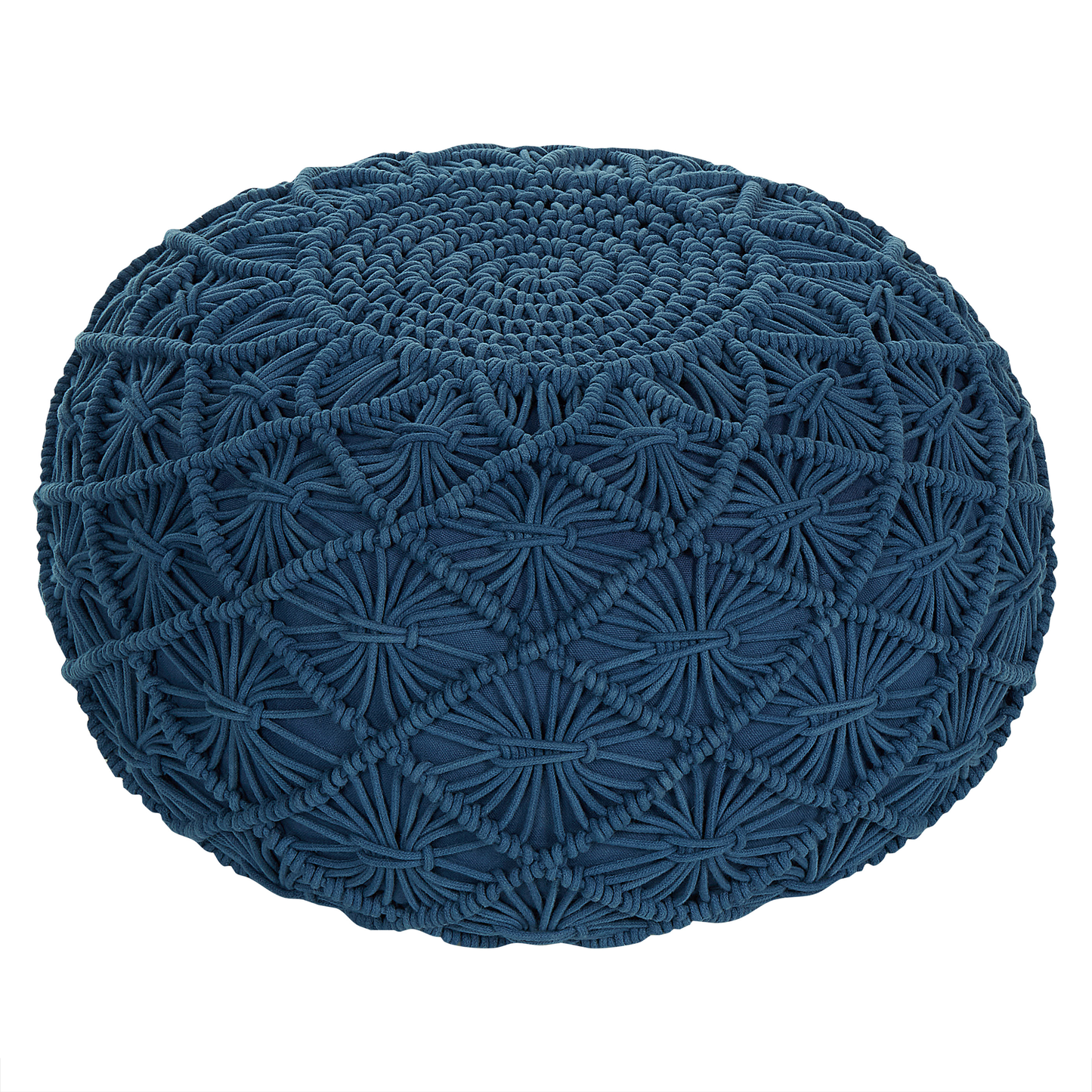 Navy Blue Cotton Pouffe 50cm Round Ottoman With Macrame Design And EPS Filling