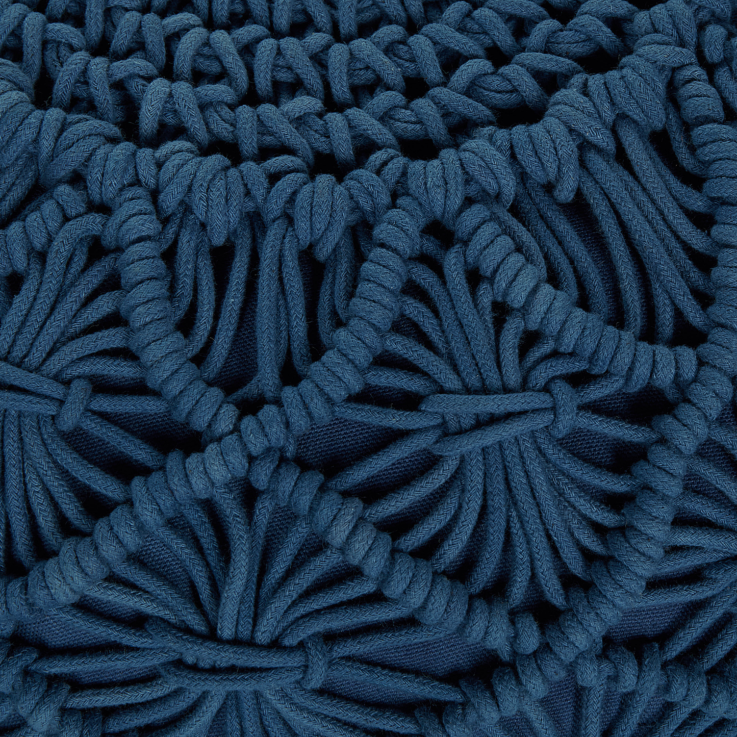 Navy Blue Cotton Pouffe 50cm Round Ottoman With Macrame Design And EPS Filling