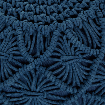 Navy Blue Cotton Pouffe 50cm Round Ottoman With Macrame Design And EPS Filling
