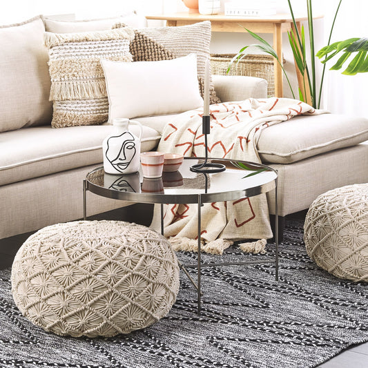 Macrame Pouffe 50cm Beige Cotton Ottoman
