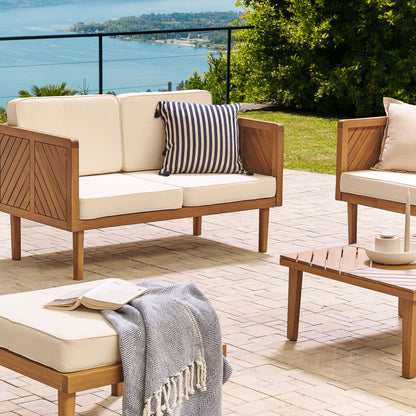 Acacia Living 2 Seater Garden Sofa Beige Cushions Slatted Modern