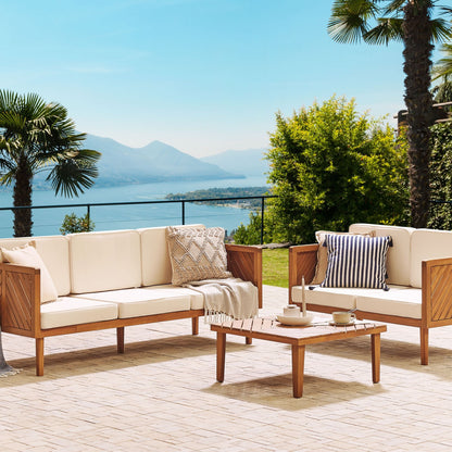 3 Seater Garden Sofa Acacia Wood Light Beige Cushions