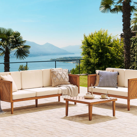 3 Seater Garden Sofa Acacia Wood Light Beige Cushions
