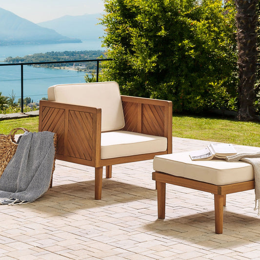 Acacia Home Ottoman With Light Beige Cushion And Acacia Wood High Legs For Indoor Outdoor Modern Style
