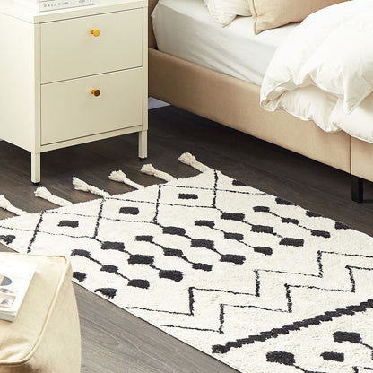 Oriental Geometric Rug 80 x 150cm Off White Black Tassels