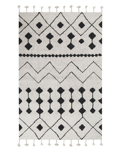 Runes Rug Off-White Black Cotton Geometric Tassels 140 x 200