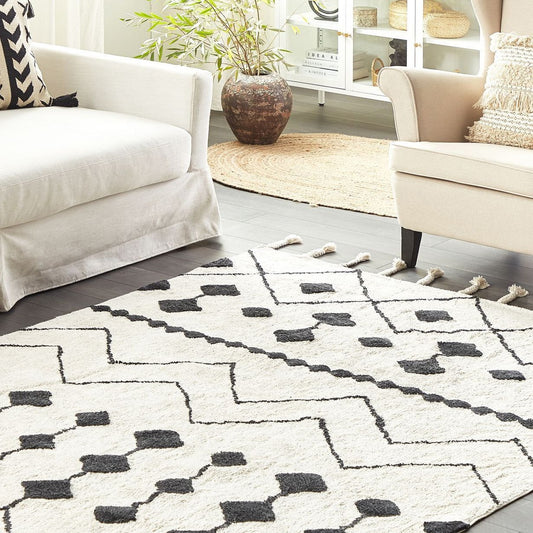 Runa Rug Off-White Black Cotton 160 x 230cm Geometric Tassels