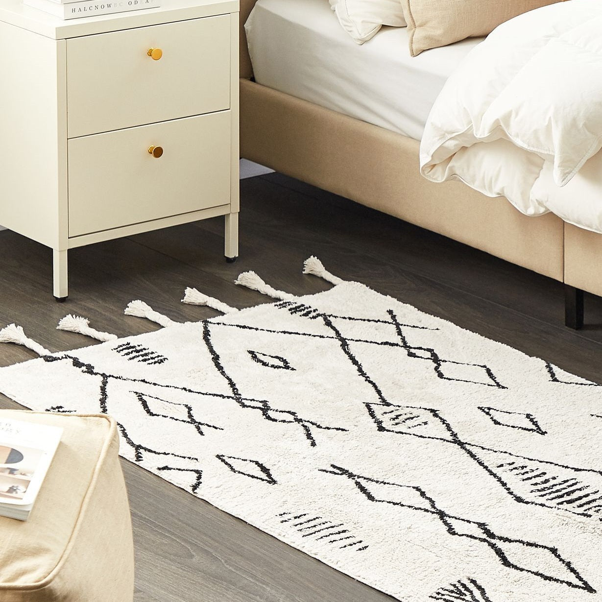 Heritage Rugs Off White Black Cotton 80 x 150cm Geometric Tassels Rug