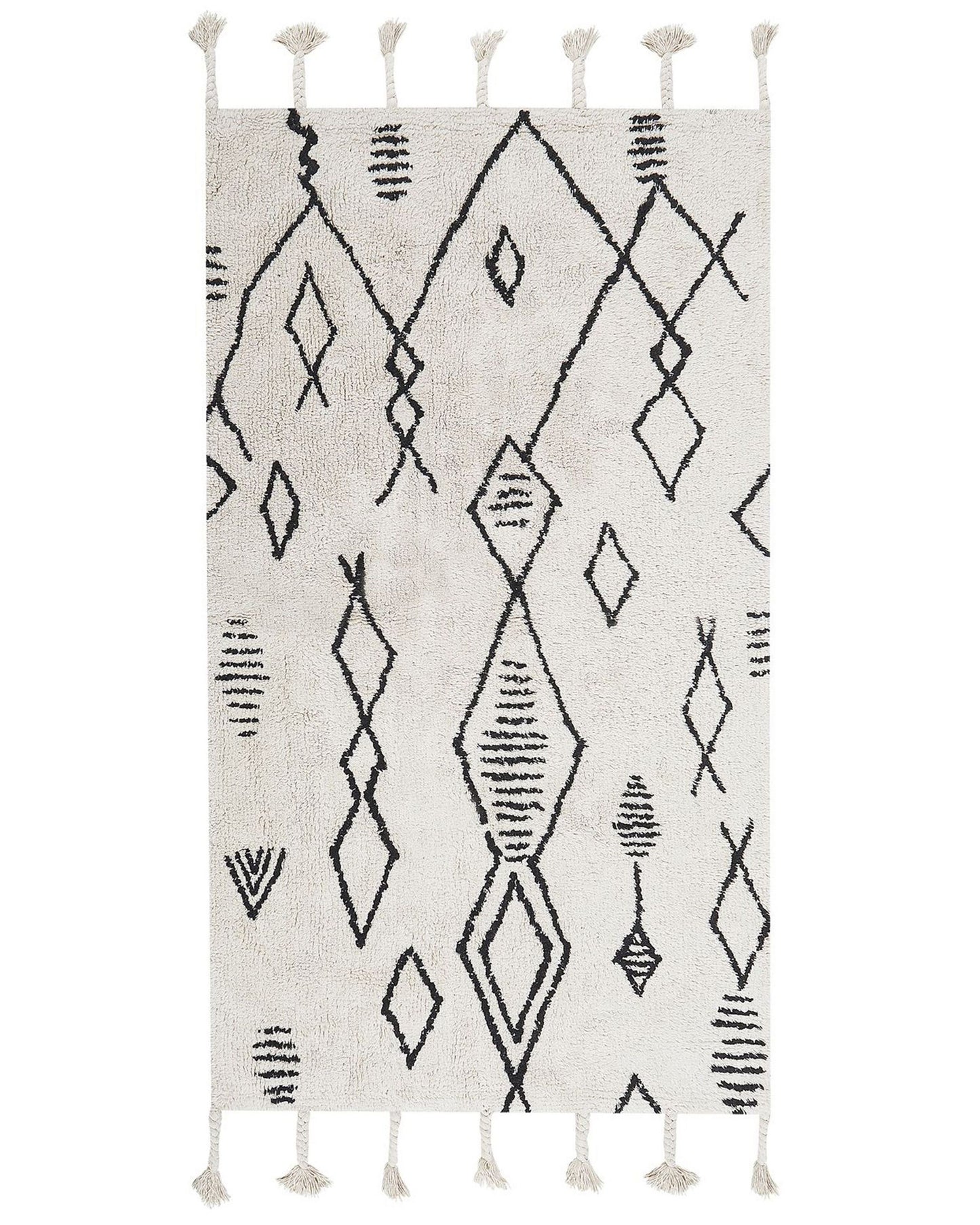 Heritage Rugs Off White Black Cotton 80 x 150cm Geometric Tassels Rug