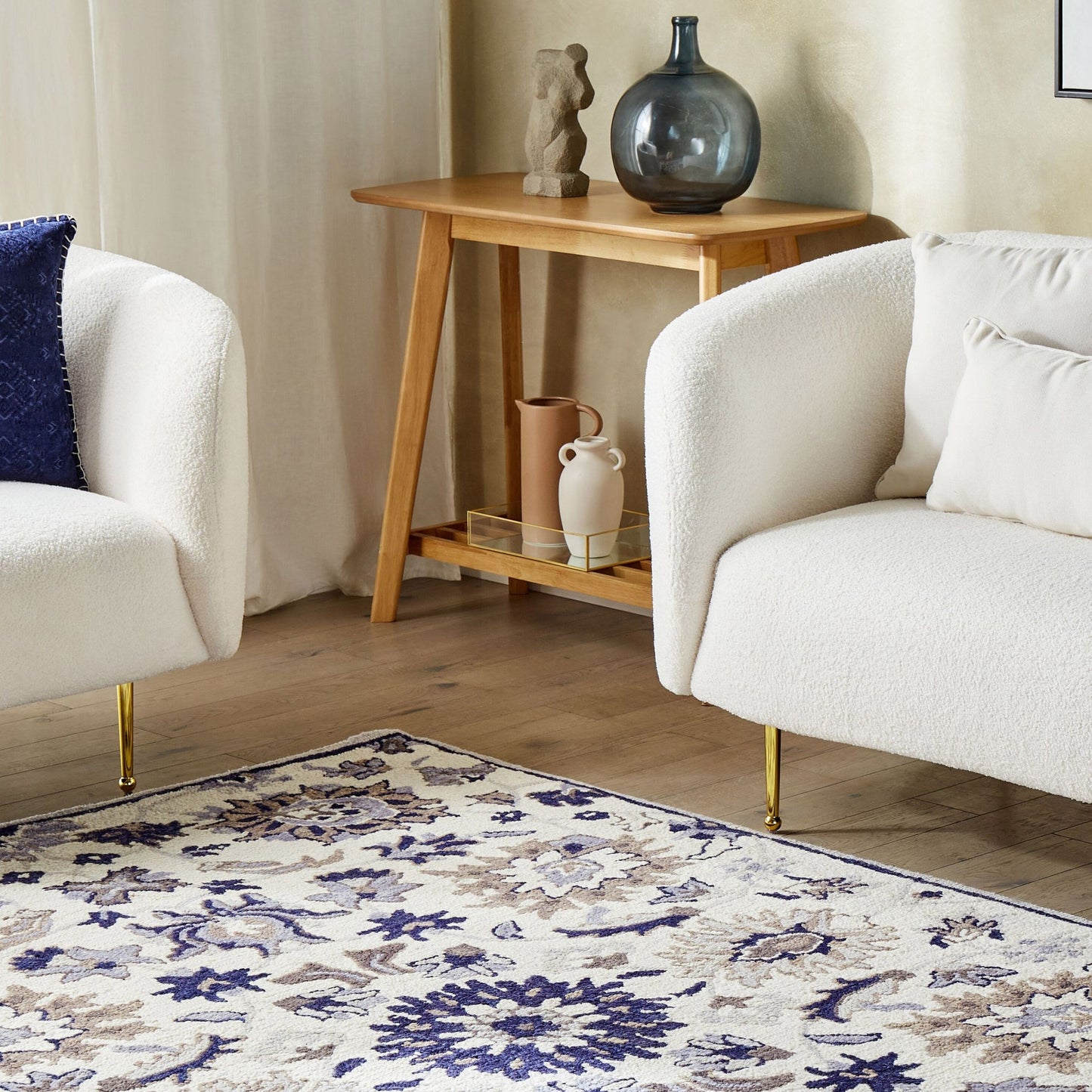 Wool Area Rug Beige Blue 200 x 200cm Thick Pile Oriental