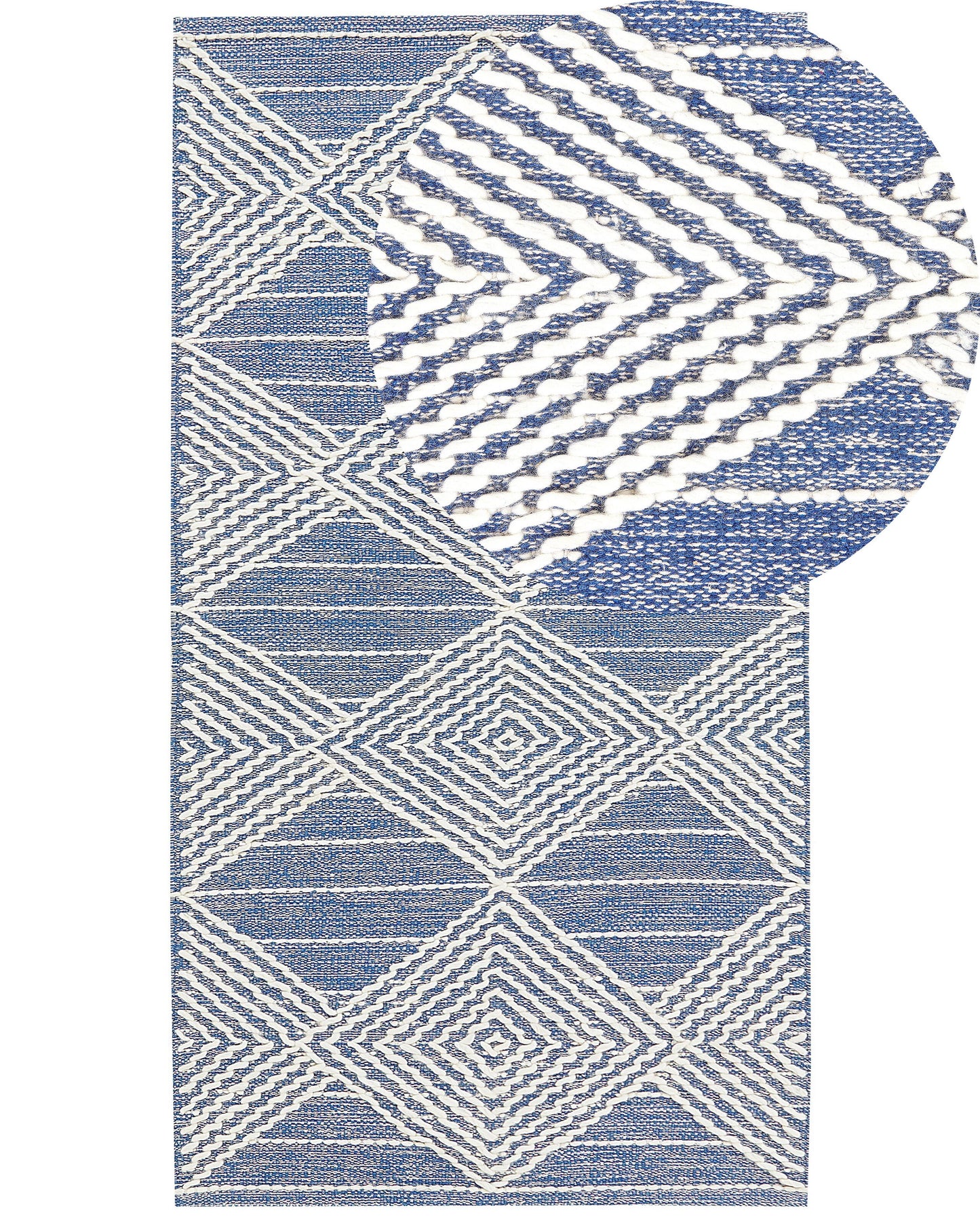 Beige Blue Wool Blend Area Rug 80 x 150 Handwoven Diamonds