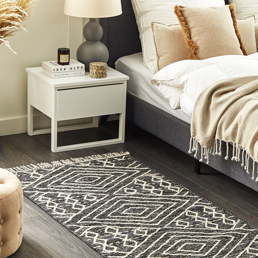Oriental Geometric Tassel Rug 80 x 150cm Off White Black