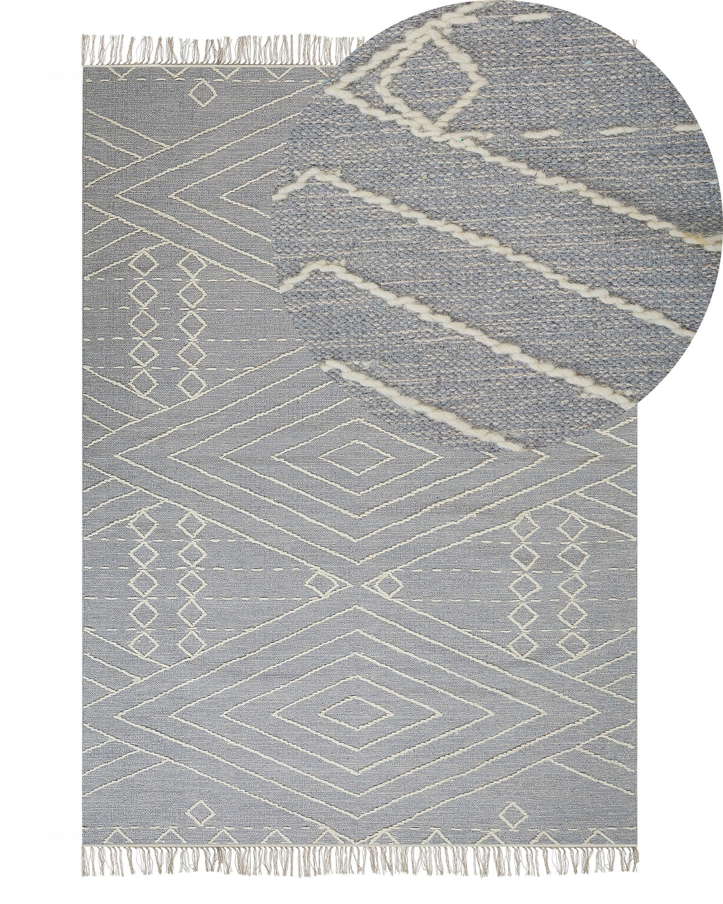 Runes Oriental Rug Off White Grey Cotton Wool 80 x 150cm Geometric Pattern Tassels