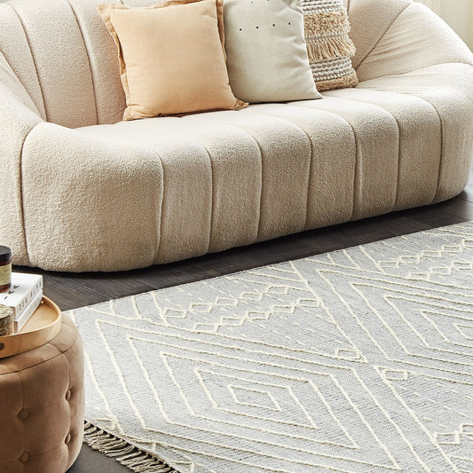 Handmade Oriental Geometric Runes Tribal Rug 140 x 200cm Off White Grey Cotton Wool Tassels Premium Quality