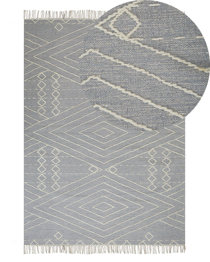 Handmade Oriental Geometric Runes Tribal Rug 140 x 200cm Off White Grey Cotton Wool Tassels Premium Quality