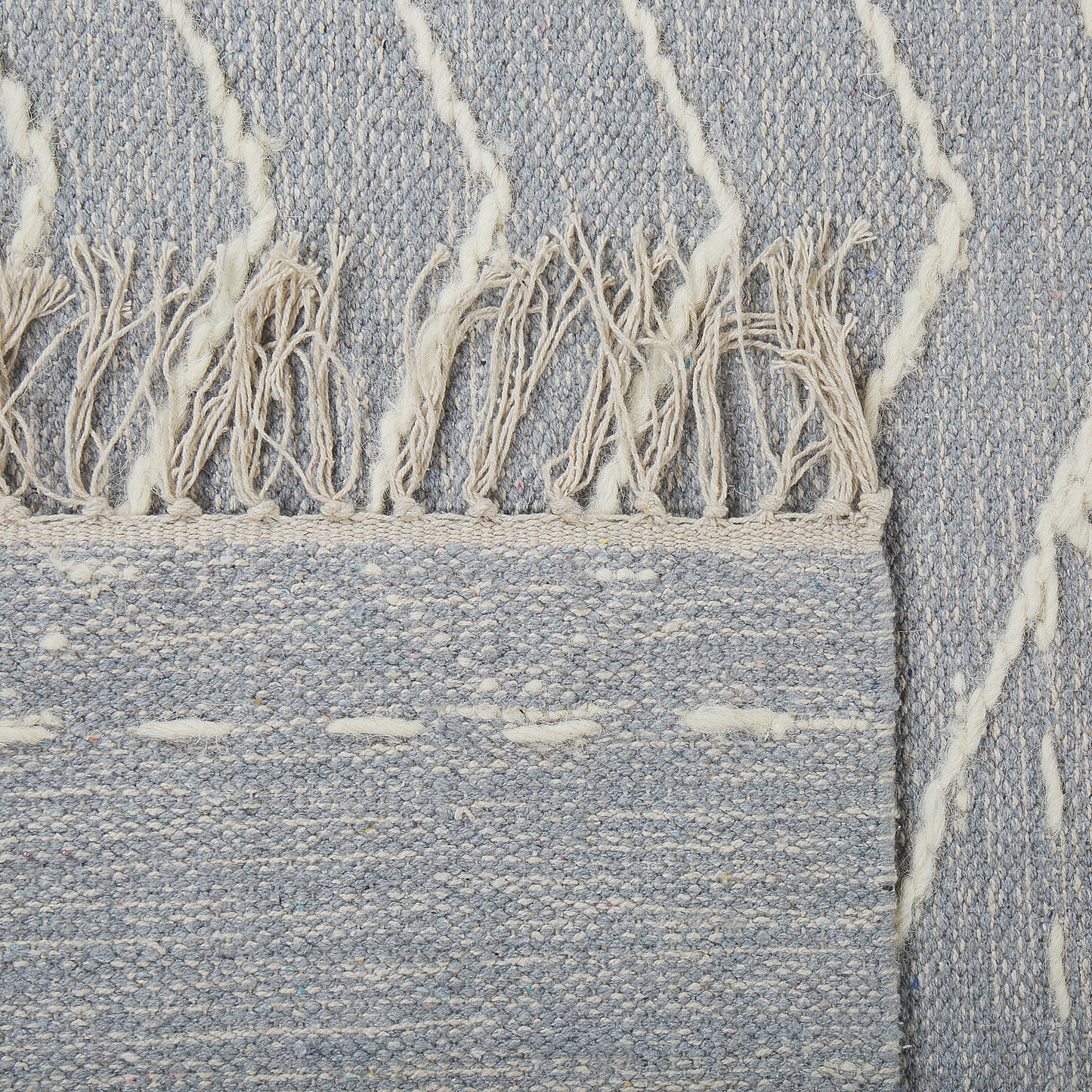 Handmade Oriental Geometric Runes Tribal Rug 140 x 200cm Off White Grey Cotton Wool Tassels Premium Quality