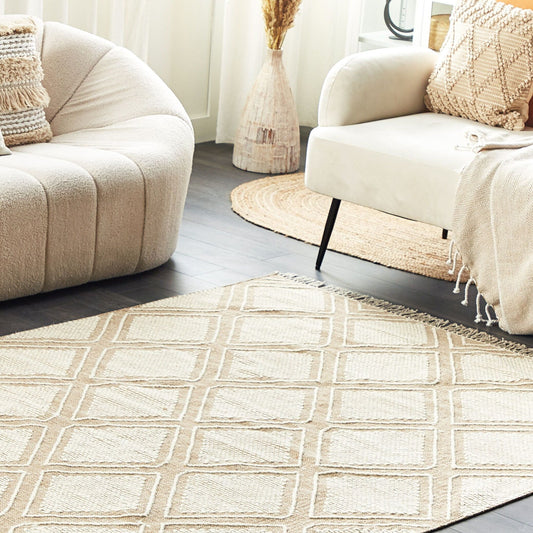 Rugs Off White Beige Cotton Wool Rug 160 x 230cm Geometric Pattern Tassels Oriental