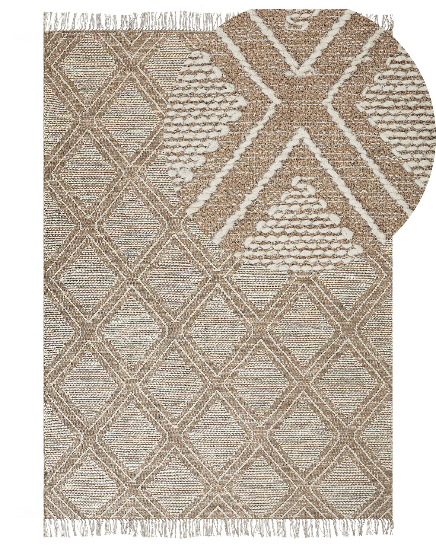 Rugs Off White Beige Cotton Wool Rug 160 x 230cm Geometric Pattern Tassels Oriental