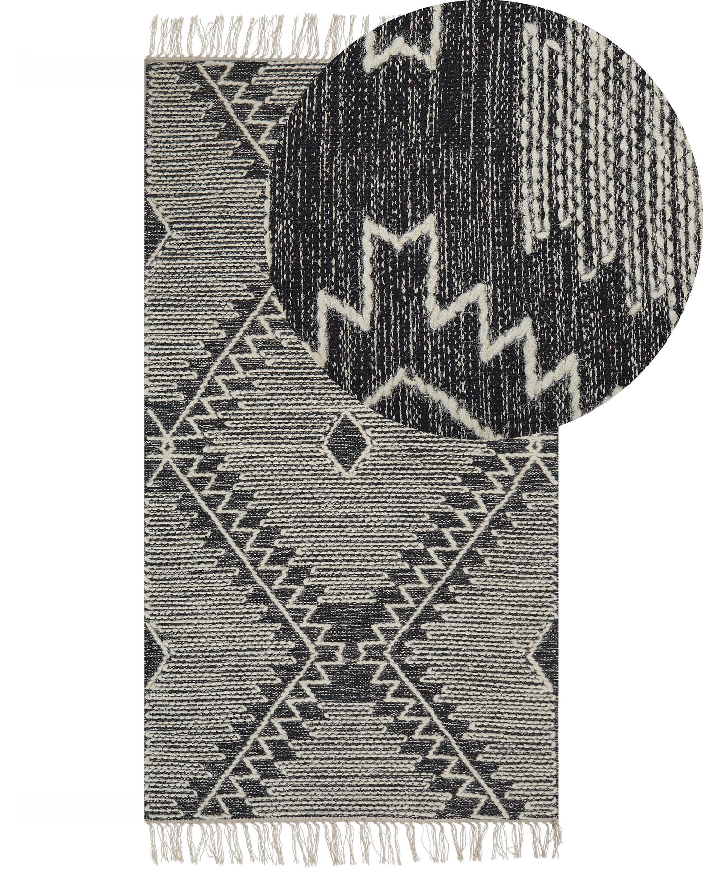 Rugs Handwoven Cotton Wool Geometric Rug 80 x 150 Off White Black