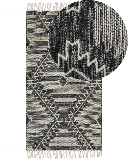 Rugs Handwoven Cotton Wool Geometric Rug 80 x 150 Off White Black