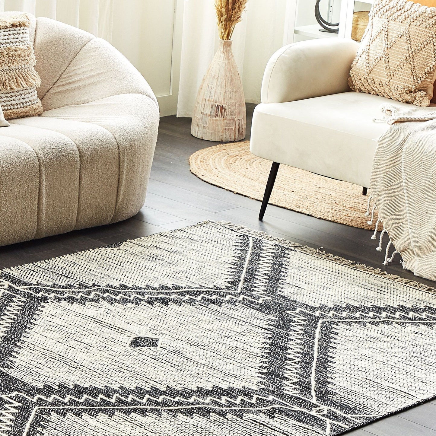 Oriental Loom Rug Off White Black Cotton Wool 140 x 200cm Tassels