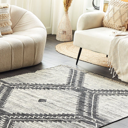 Oriental Loom Rug Off White Black Cotton Wool 140 x 200cm Tassels