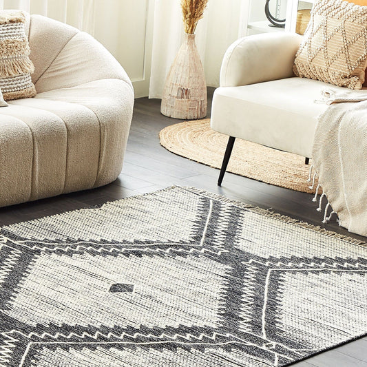Oriental Loom Rug Off White Black Cotton Wool 140 x 200cm Tassels