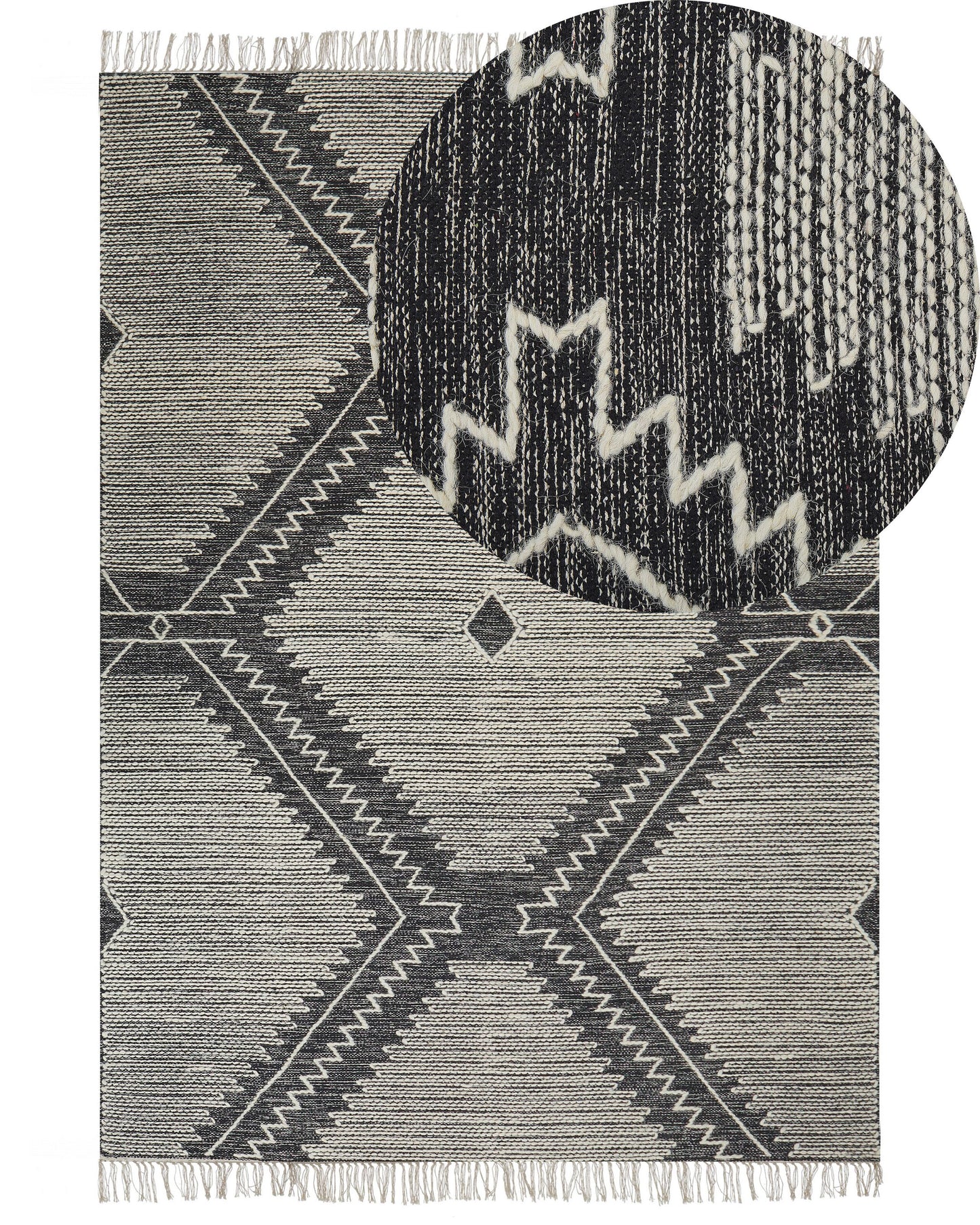 Oriental Loom Rug Off White Black Cotton Wool 140 x 200cm Tassels