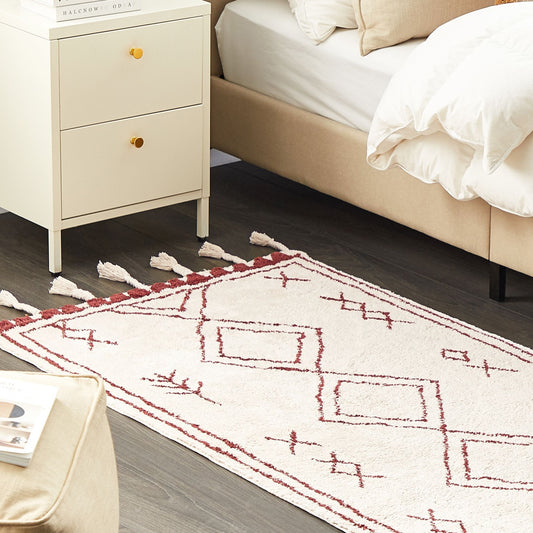 Oriental Rug 80 x 150cm Cotton Off White Dark Red Geometric Pattern Runes Tassels