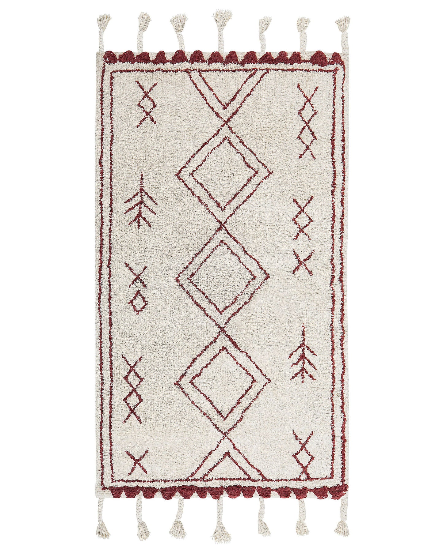 Oriental Rug 80 x 150cm Cotton Off White Dark Red Geometric Pattern Runes Tassels
