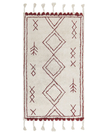 Oriental Rug 80 x 150cm Cotton Off White Dark Red Geometric Pattern Runes Tassels