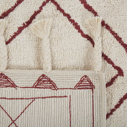 Oriental Rug 80 x 150cm Cotton Off White Dark Red Geometric Pattern Runes Tassels