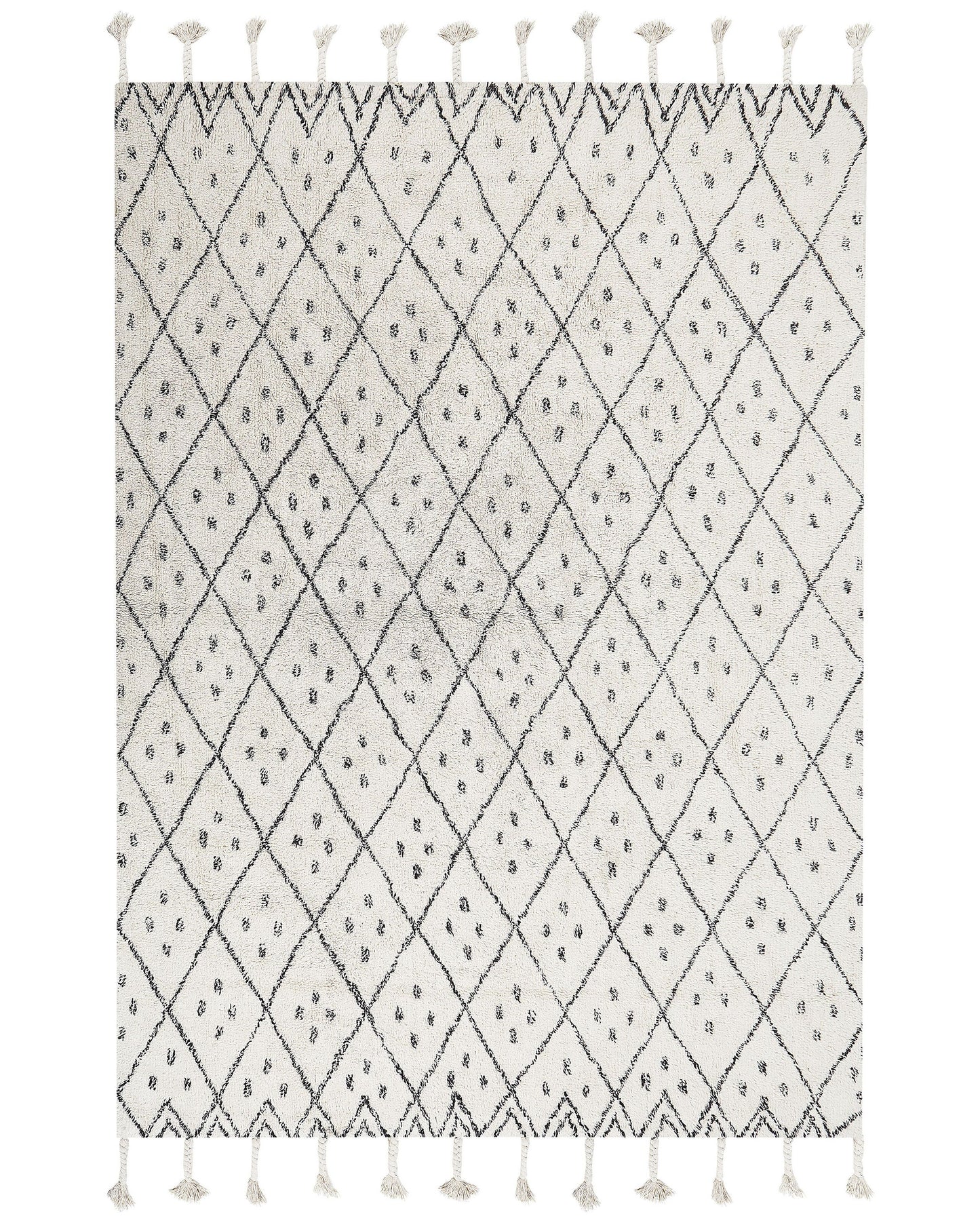 Oriental Cotton Rug 140 x 200cm Off-White Black Geometric Tassels