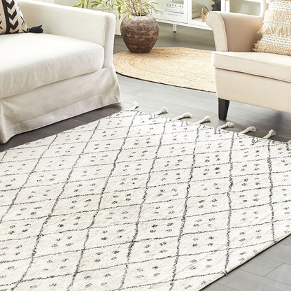 Oriental Geometric Cotton Rug 160 x 230cm Off White Black Runes Tassels