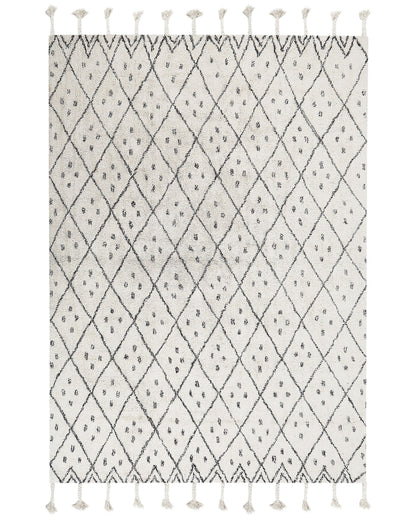 Oriental Geometric Cotton Rug 160 x 230cm Off White Black Runes Tassels