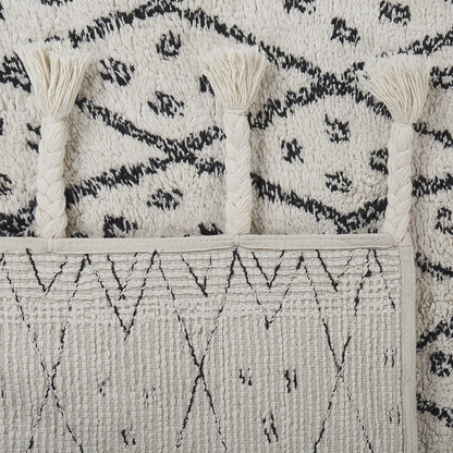 Oriental Geometric Cotton Rug 160 x 230cm Off White Black Runes Tassels