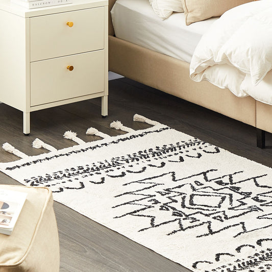 Rug Off-White Black Cotton 80 x 150 Geometric Tassels Oriental